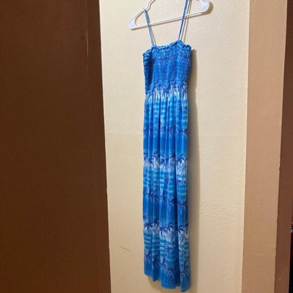 Vintage Y2K Baba Hawaii Blue Palm Tree Beach Smocked Tank Maxi Dress Size Large - Picture 2 of 5